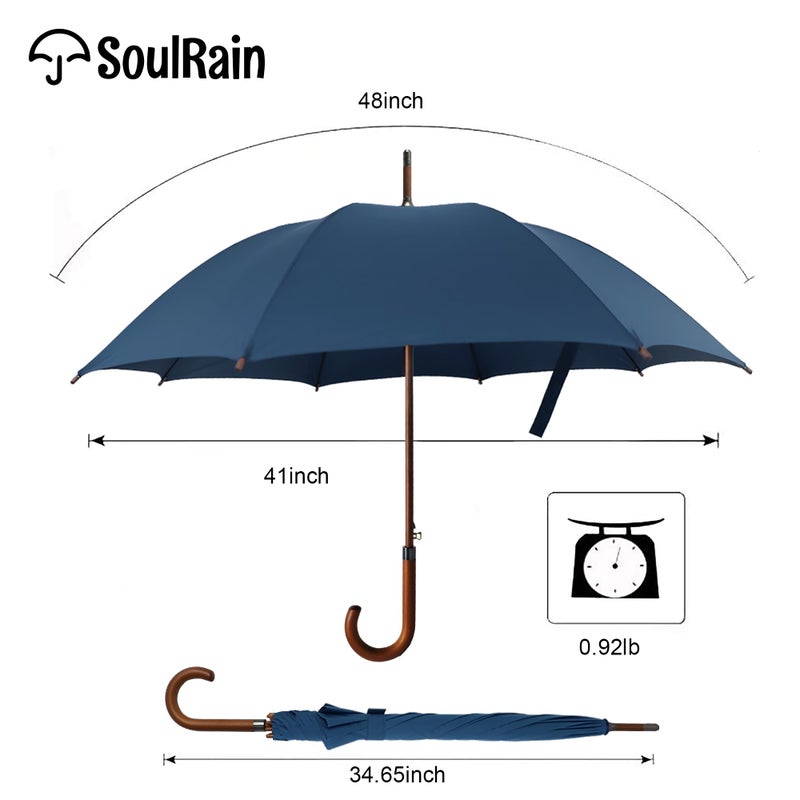 SoulRain 48" Large Umbrella â€“Windproof Stick Umbrellas for Rain, Automatic Open, Vintage Cane Navy Blue big Umbrella with Classic Wooden Handle,Open for 2 Persons adult,for Women & Men(Navy Blue) - Image 4
